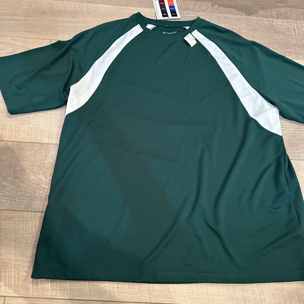 HARRITON MENS LARGE GREEN WHITE BLOCK PERFORMANCE T SHIRT DRI FIT NEW